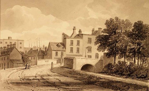 Kilátás a Mill Pond Bridge-re, Bermondsey alkotó: John Chessell Buckler