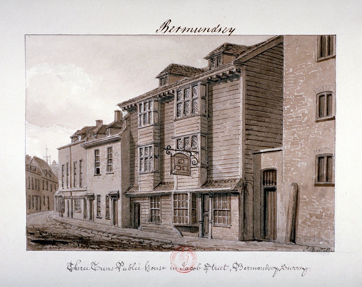 Kilátás a Three Tuns nyilvános házra a Jacob Streeten, Bermondsey, London, 1828 alkotó: John Chessell Buckler