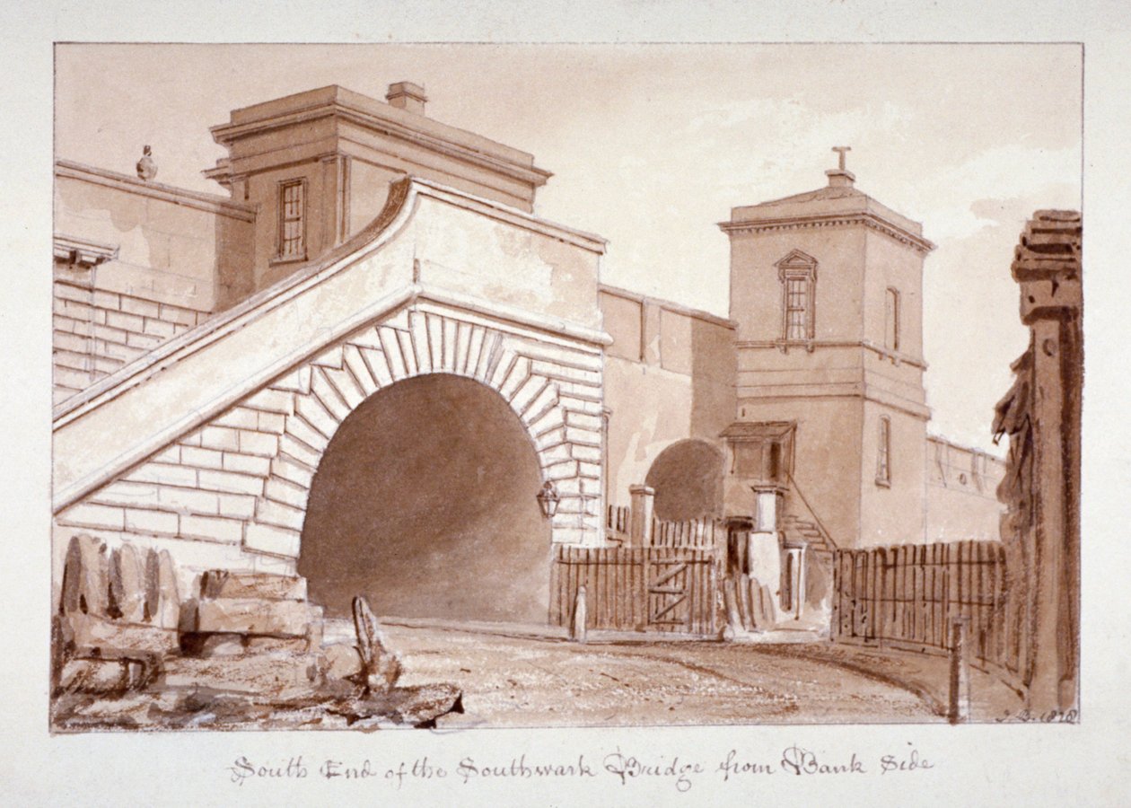 Kilátás a Southwark híd déli végére Bankside városából, Southwark, London, 1828 alkotó: John Chessell Buckler