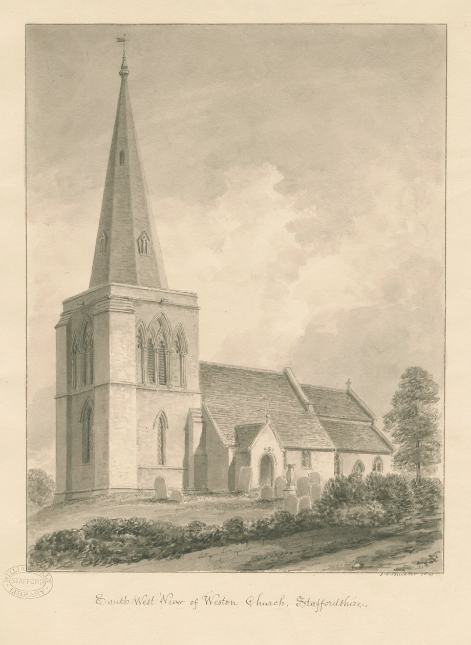 Weston-on-Trent templom: szépia rajz alkotó: John Chessell Buckler