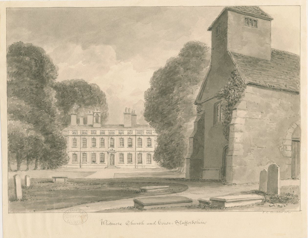 Whitmore templom és ház: szépia mosás rajza, 1841 alkotó: John Chessell Buckler