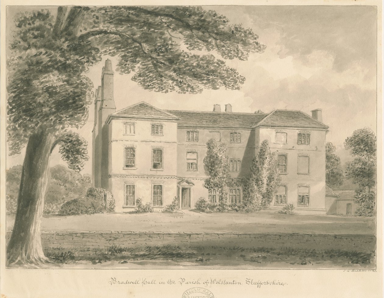 Wolstanton - Bradwell Hall: szépia rajz alkotó: John Chessell Buckler