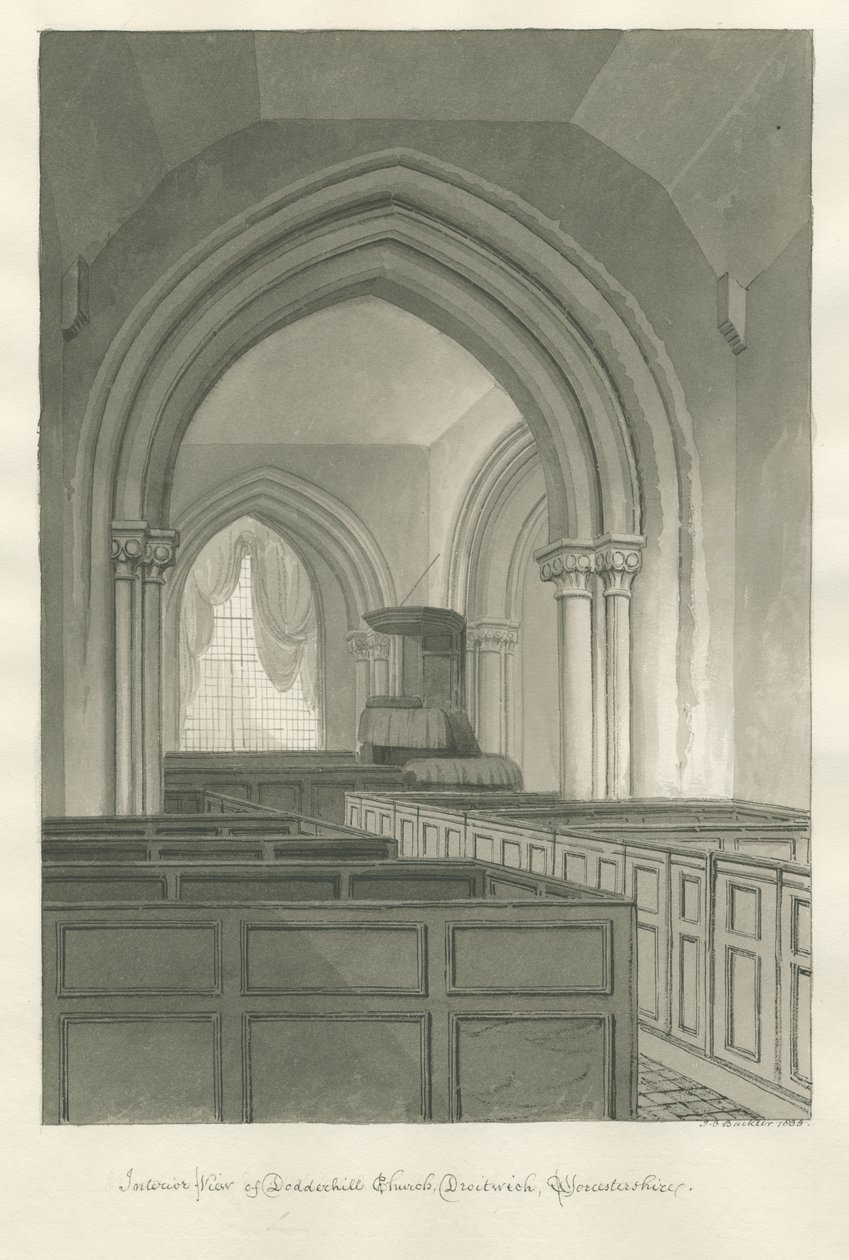 Worcestershire - Droitwich - Dodderhill templom Belső : szépia rajz alkotó: John Chessell Buckler