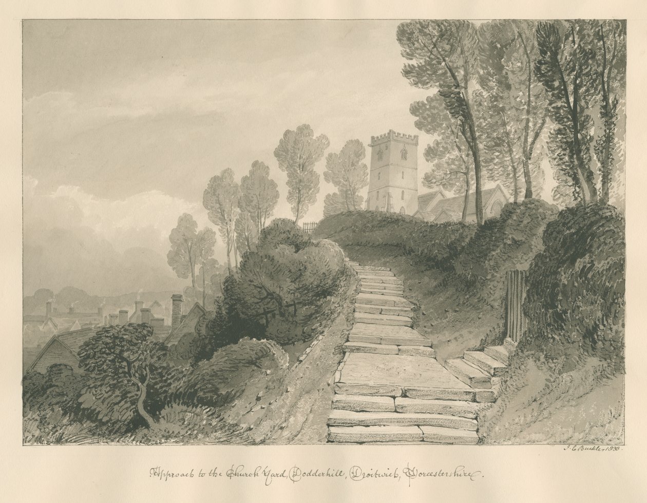 Worcestershire - Droitwich - Dodderhill templom: szépia rajz, 1833 alkotó: John Chessell Buckler