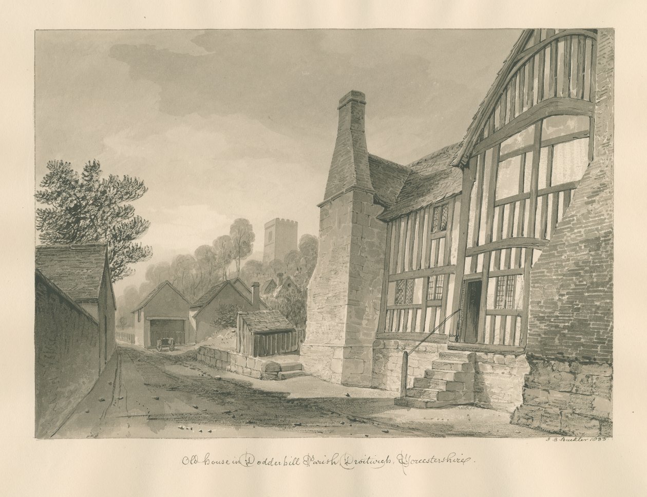 Worcestershire - Droitwich - Dodderhill Old House: szépia rajz alkotó: John Chessell Buckler