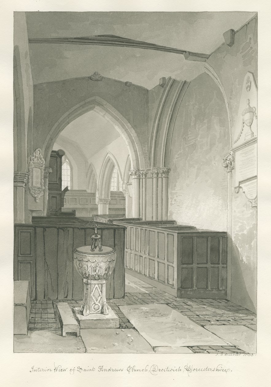 Worcestershire – Droitwich – Szent András-templom belső terei: szépia rajz, 1833 alkotó: John Chessell Buckler