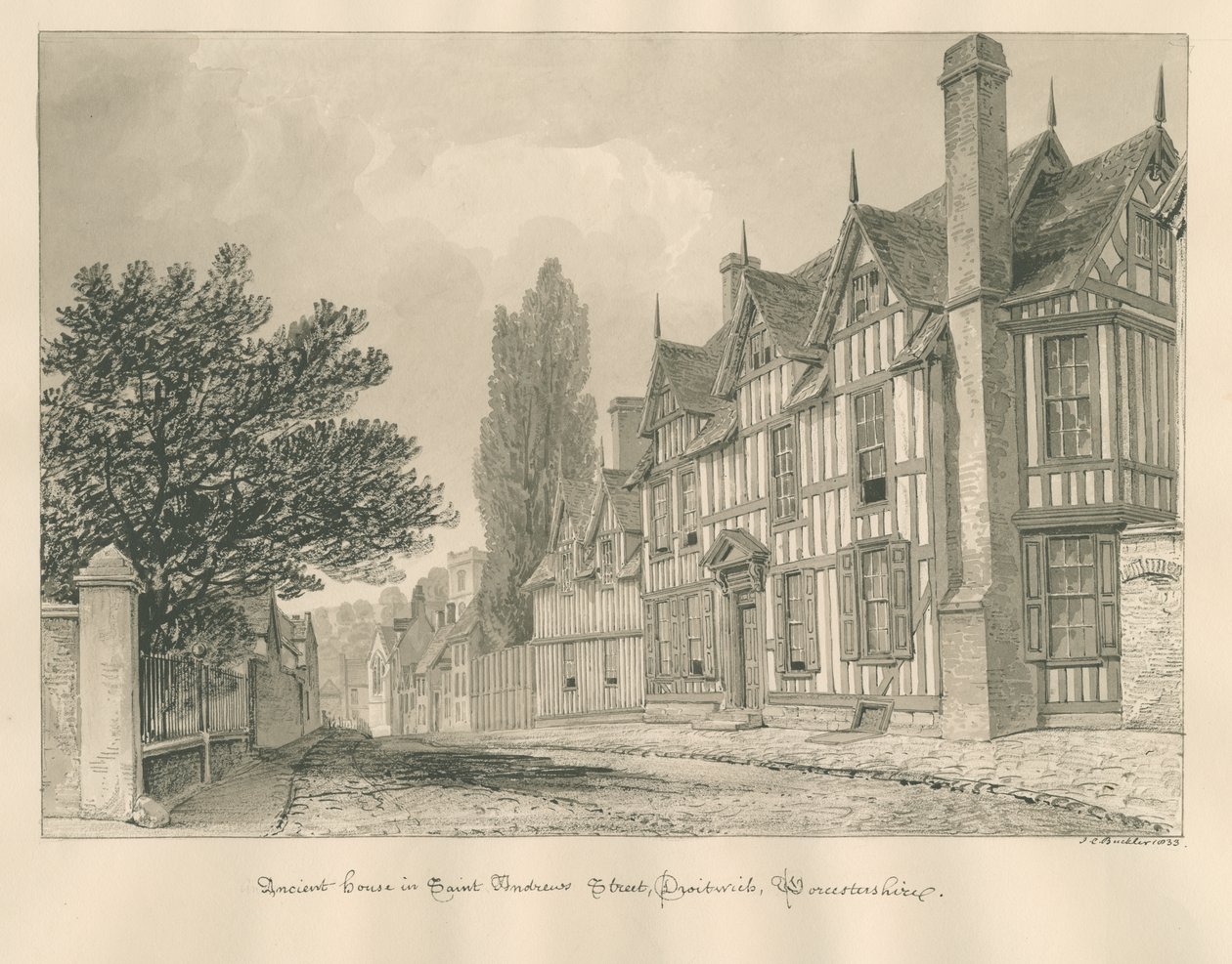 Worcestershire - Droitwich - Szent András utca ókori háza: szépia rajz alkotó: John Chessell Buckler
