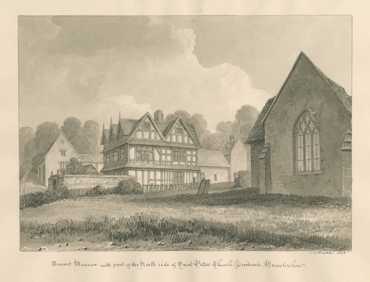 Worcestershire - Droitwich - Szent Péter-templom ókori kúria: szépia rajz, 1833 alkotó: John Chessell Buckler