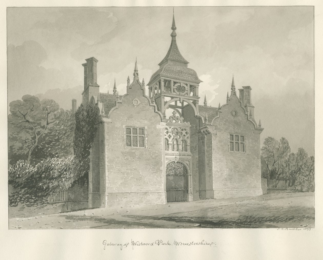 Worcestershire – Westwood Park – Bejárati kapu: szépia rajz, 1833 alkotó: John Chessell Buckler