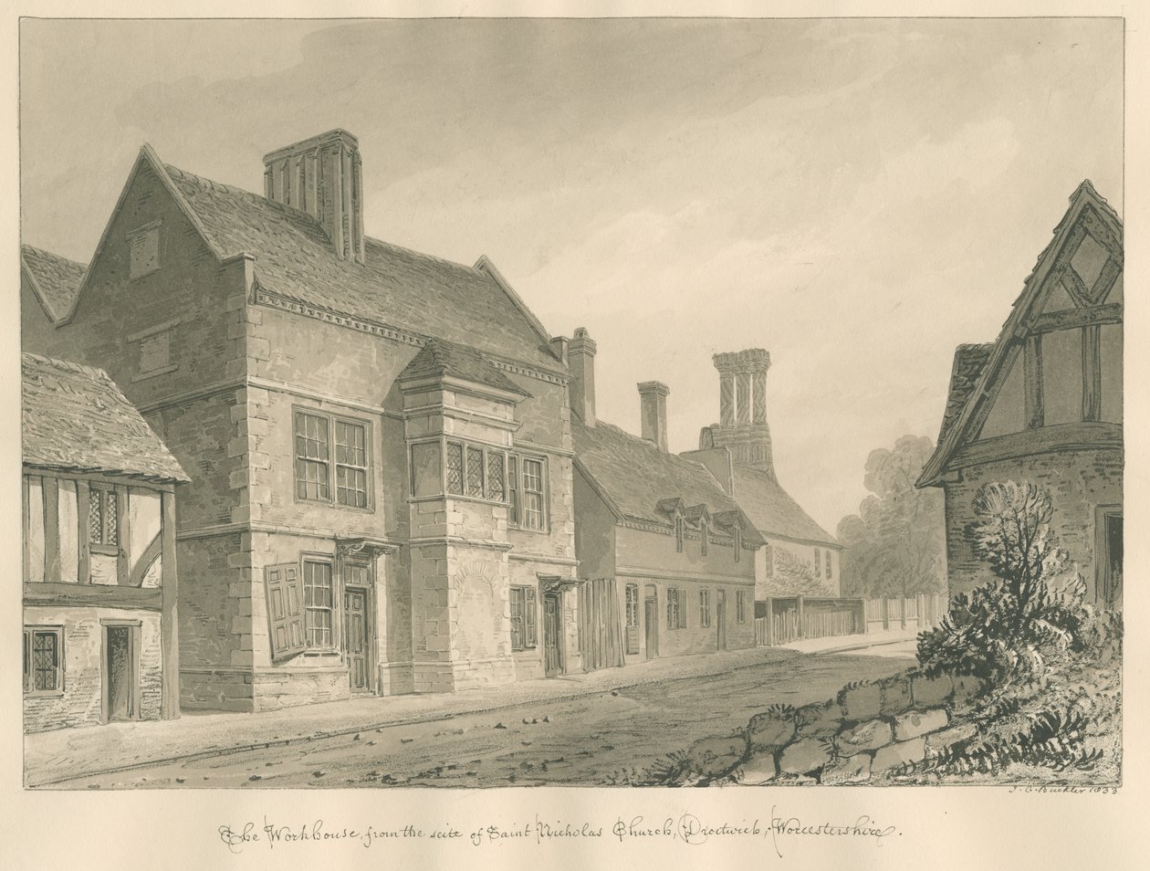 Worcestershire - Droitwich - Workhouse: szépia rajz alkotó: John Chessell Buckler