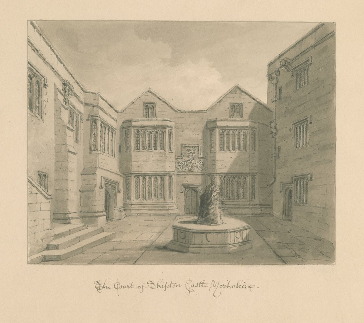 Yorkshire - Skipton kastély: szépia rajz alkotó: John Chessell Buckler