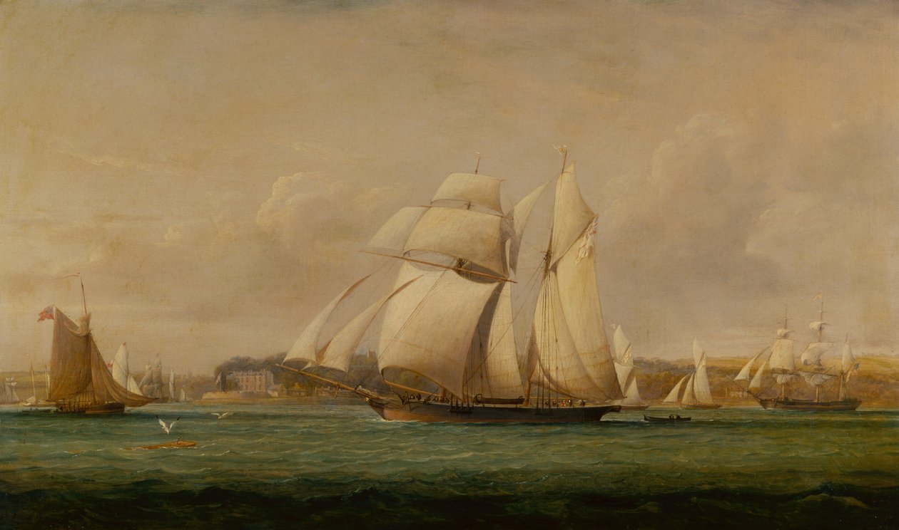Egy Top Sail Schooner, két Royal Yacht Squadron Cutter és egy amerikai kereskedelmi hajó (olaj) alkotó: John Christian Schetky