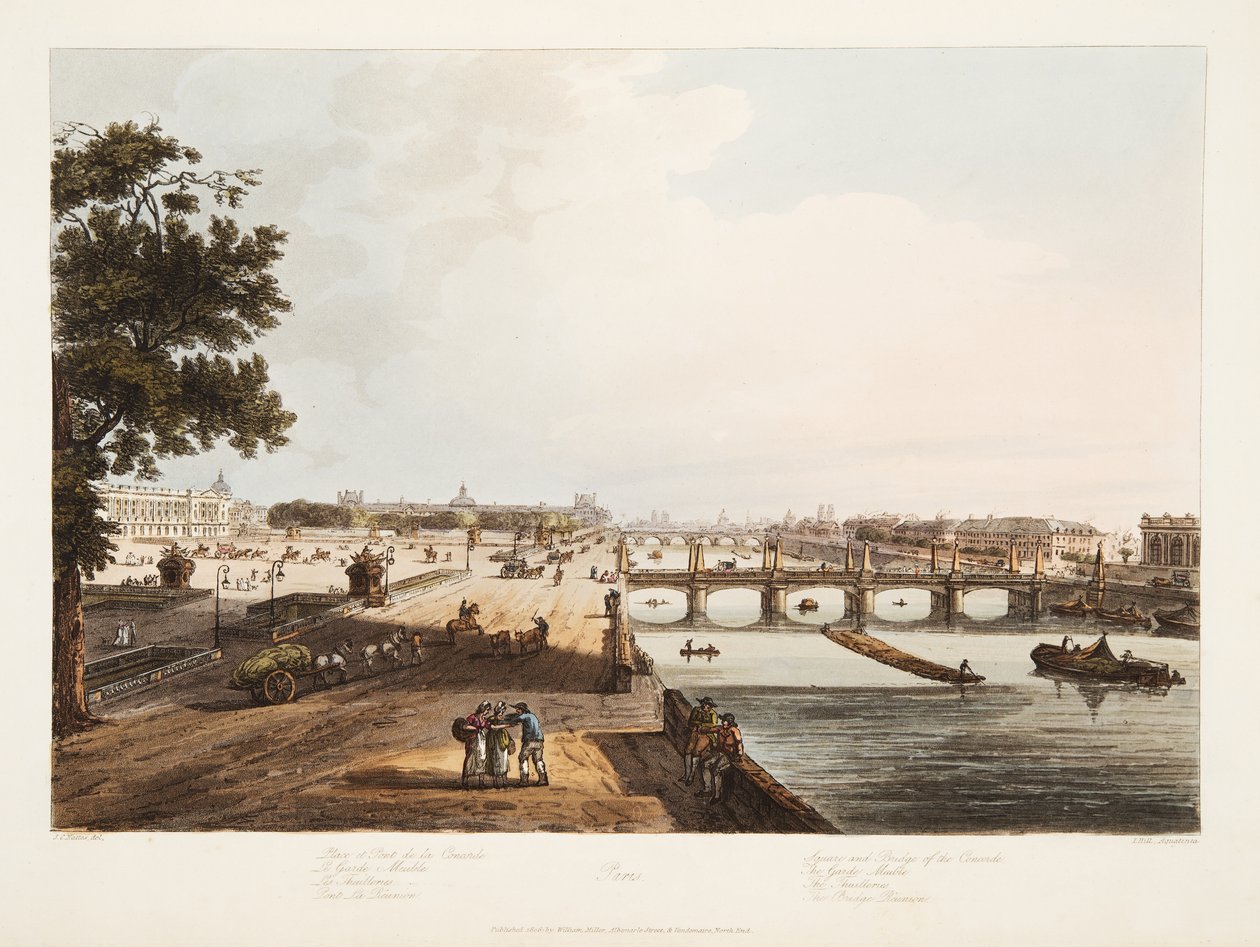 A Concorde tér és hídja; A Garde Meuble; Thuilleries; The Bridge Reunion, illusztráció: „Versailles, Párizs és Saint Denis”, pub. 1806 (akvatinta) alkotó: John Claude (after) Nattes