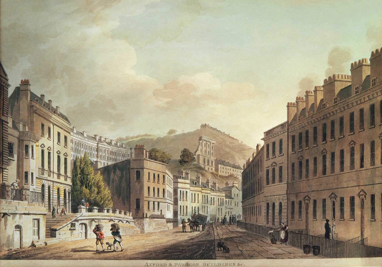 Axford és Paragon épületek a „Bath, kilátások sorozatával illusztrálva”, metszet: I. Hill, 1806 (akvatinta) alkotó: John Claude Nattes