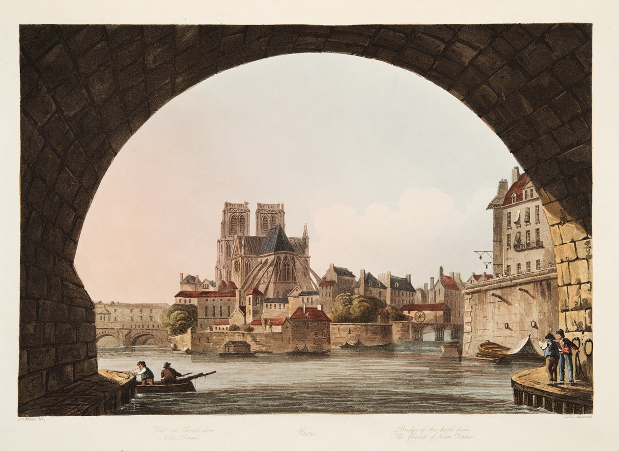A Hotel Dieu hídja és a Notre Dame-templom, illusztráció Versailles-ból, Párizsból és Saint Denis-ből, pub. 1805 (akvatinta) alkotó: John Claude Nattes