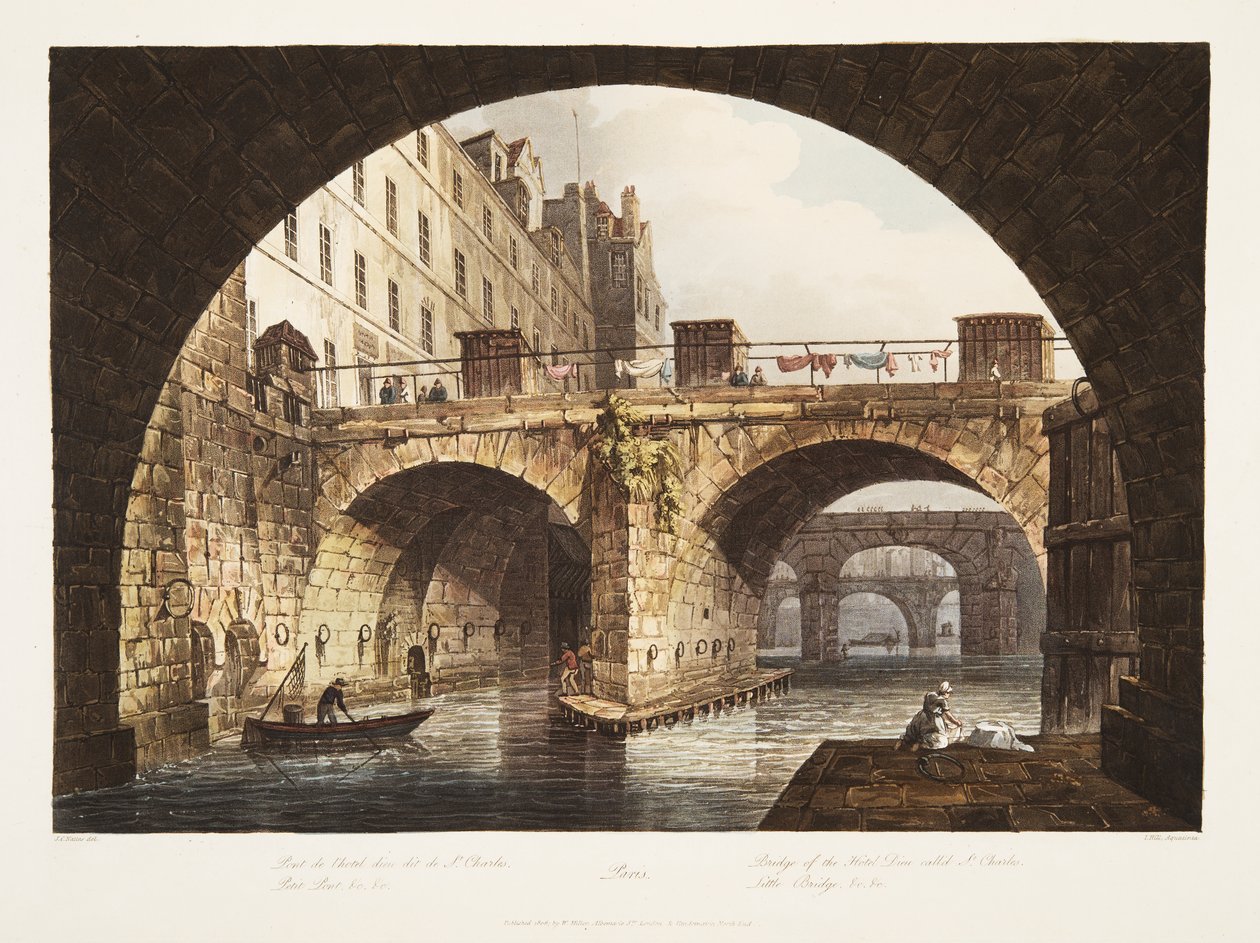 A Hotel Dieu Szent Károly hídja, Little Bridge, illusztráció Versailles-ból, Párizs és Saint Denis, kocsma. 1806 (akvatinta) alkotó: John Claude Nattes