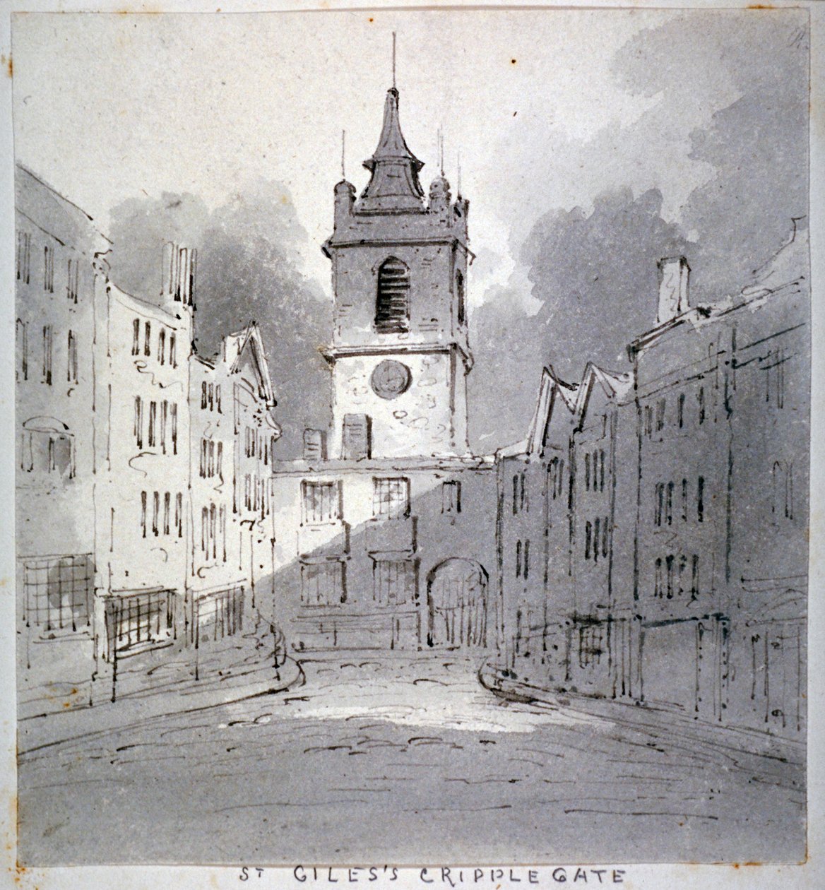 St Giles templom Cripplegate nélkül a Fore Street-ről, London City, 1790. alkotó: John Claude Nattes