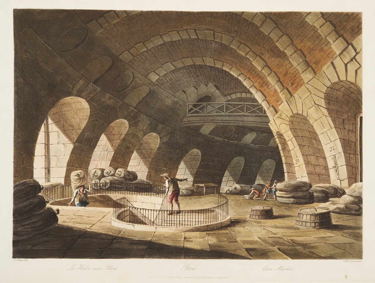 Kukoricapiac, illusztráció Versailles-ból, Párizsból és Saint Denis-ből, pub. 1805 (akvatinta) alkotó: John Claude Nattes