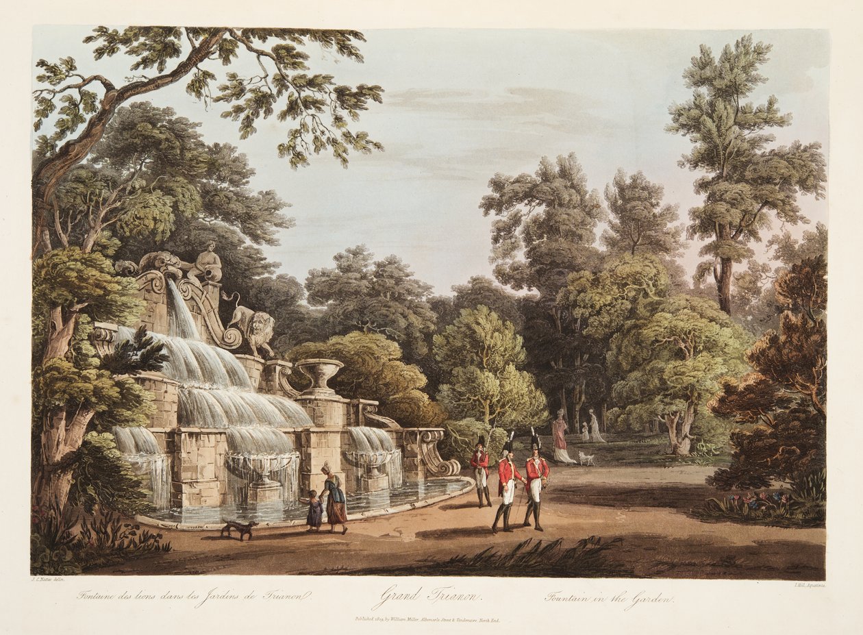 Grand Trianon, Szökőkút a kertben, illusztráció Versailles-ból, Párizs és Saint Denis, kocsma. 1805 (akvatinta) alkotó: John Claude Nattes