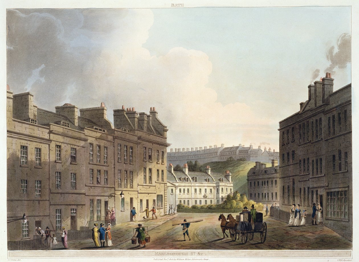 Marlborough Street, a „Bath Illustrated by a Series of Views”-ből, John Hill (1770-1850) kocsma metszetében. William Miller, 1805 (akvatinta) alkotó: John Claude Nattes