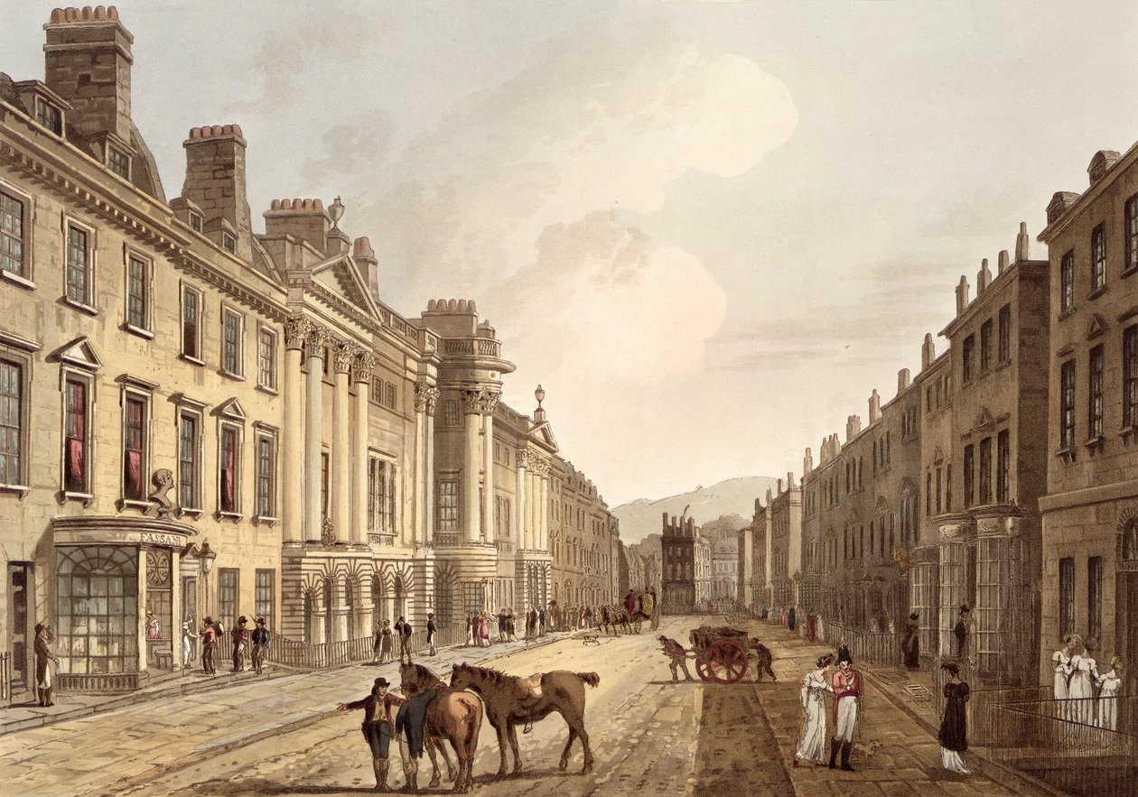 Milsom Street, a "Bath Illustrated by a Series of Views"-ből, John Hill (1770-1850) kocsma metszetében. William Miller, 1805 (akvatinta) alkotó: John Claude Nattes