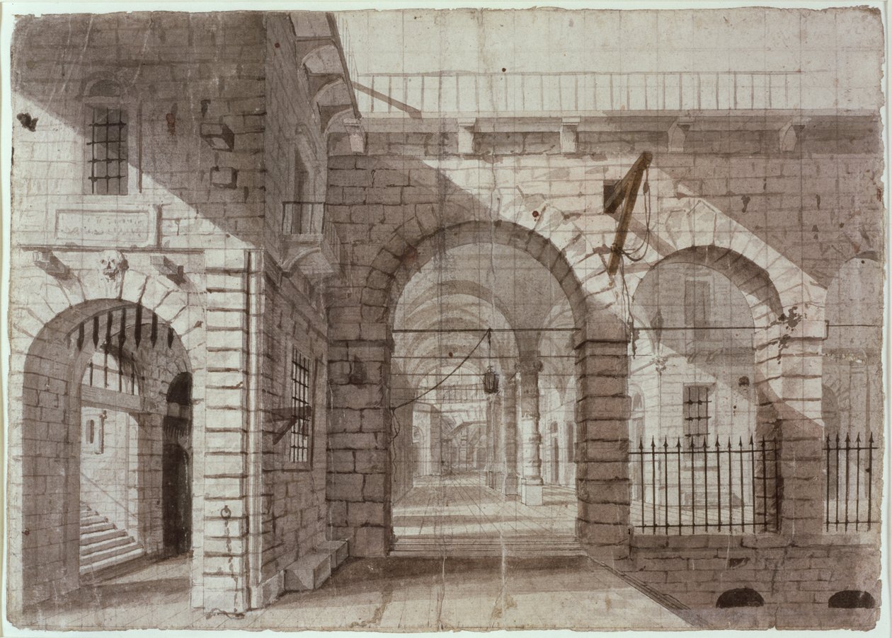 Newgate börtönudvar (tinta és mosás papíron) alkotó: John Claude Nattes