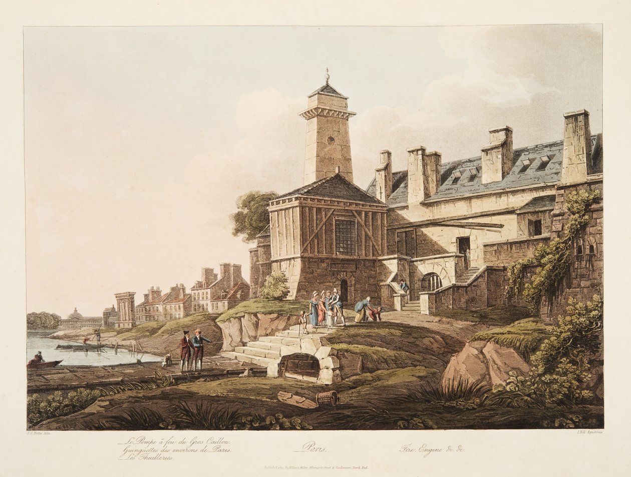 Párizs, tűzoltóautó, illusztráció Versailles-ból, Párizs és Saint Denis, pub. 1809 (akvatinta) alkotó: John Claude Nattes