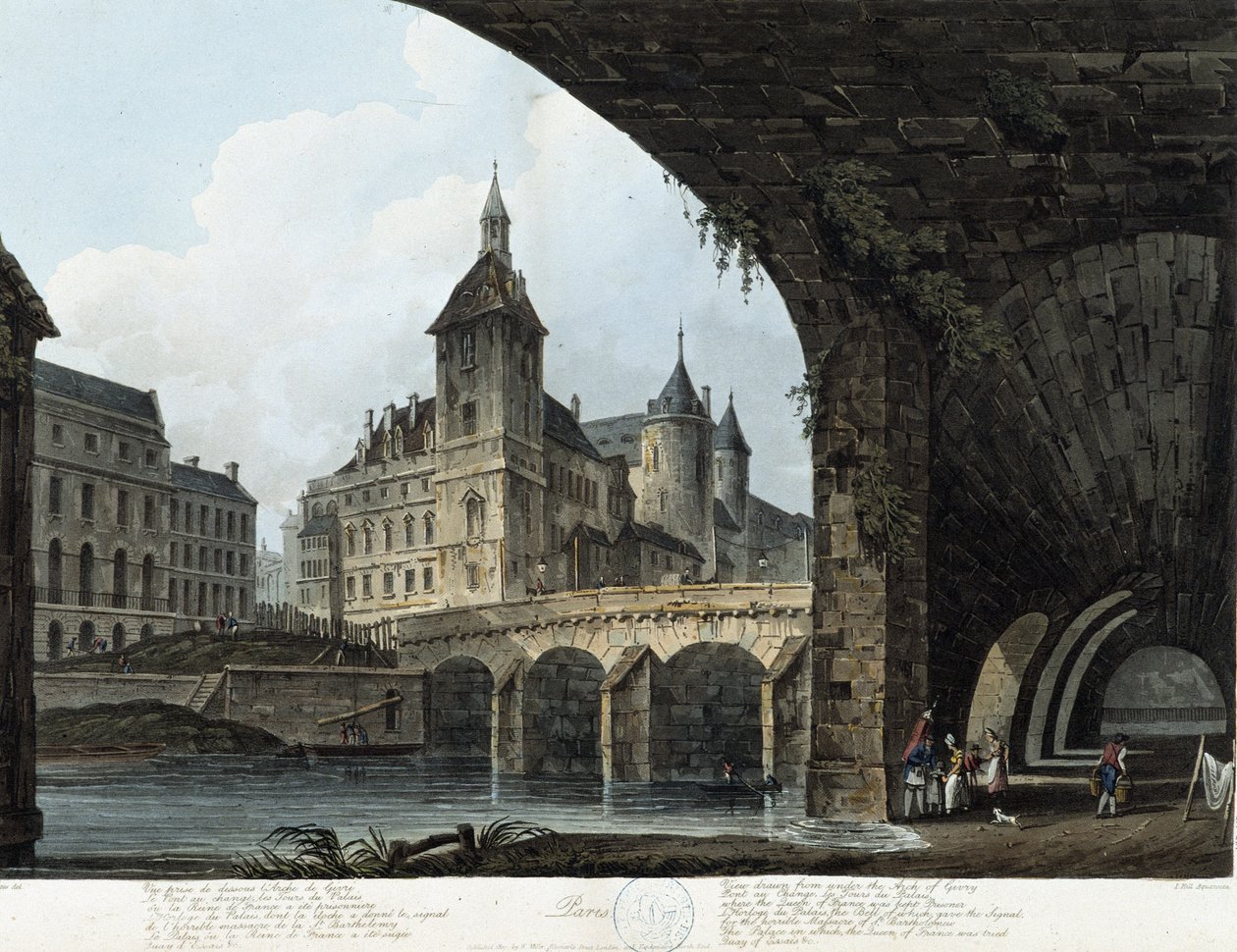 Párizs: Le Pont au Change – „” Párizsban, J. C. Mats által”, szerk. Miller, London alkotó: John Claude Nattes