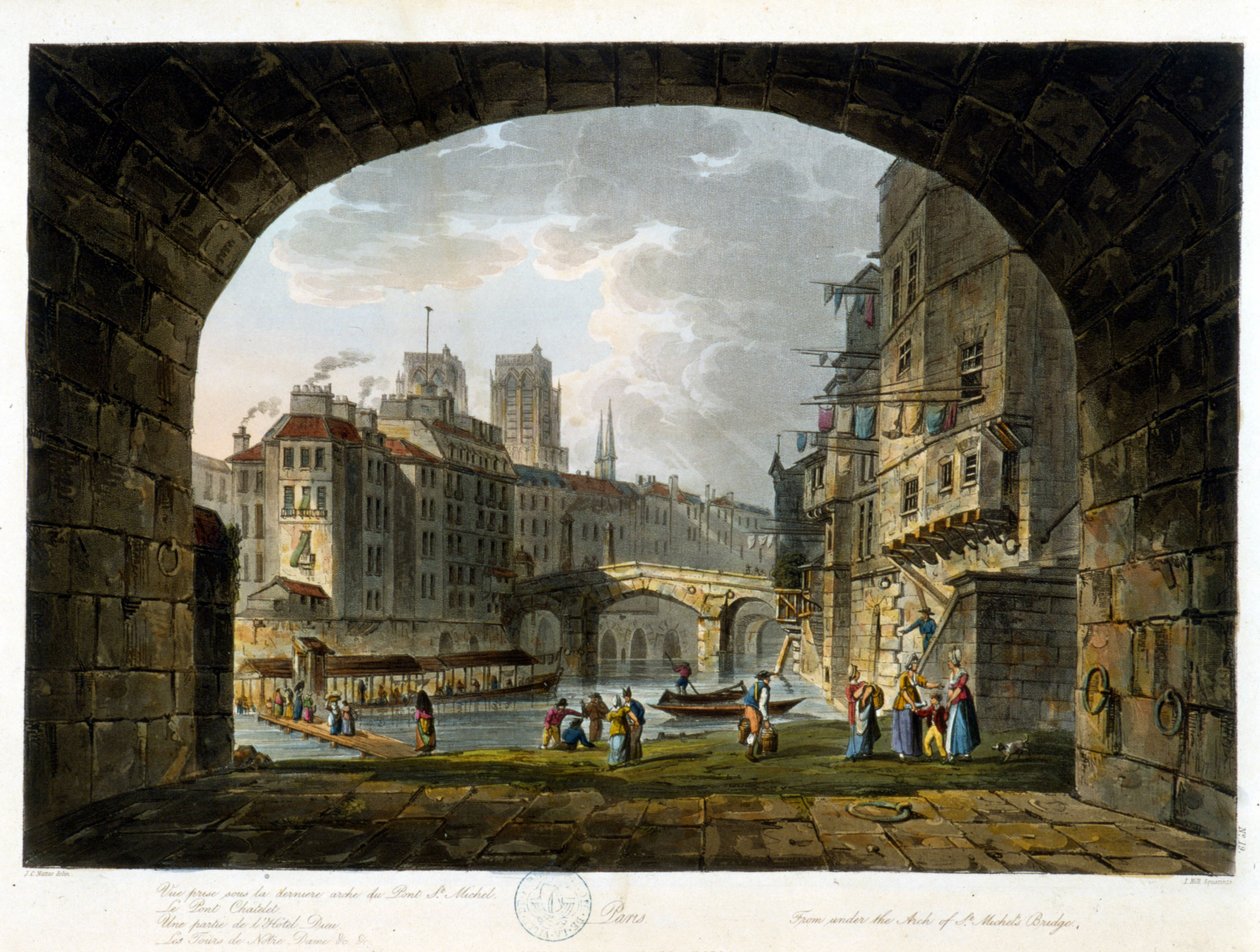 Párizs: Pont de Chatelet és Hotel Dieu - in ""Paris vu par J.C. Mattes"", szerk. Miller, London alkotó: John Claude Nattes