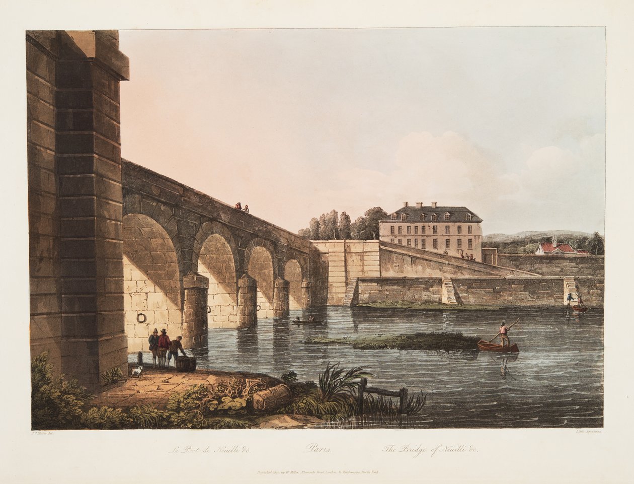 Párizs, Neuille hídja, illusztráció Versailles-ból, Párizs és Saint Denis, kocsma. 1807 (akvatinta) alkotó: John Claude Nattes