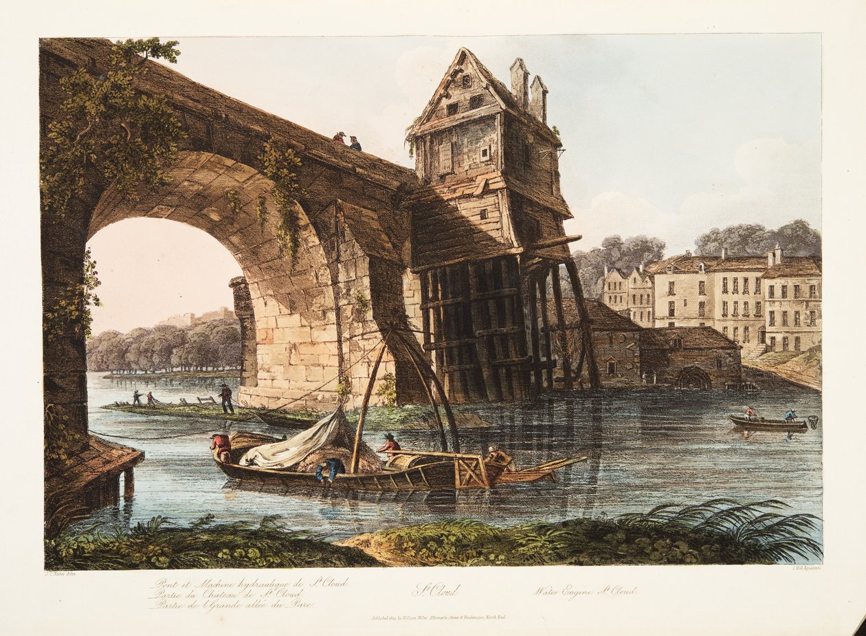 St Cloud, vízmotor, illusztráció Versailles-ból, Párizs és Saint Denis, pub. 1809 (akvatinta) alkotó: John Claude Nattes