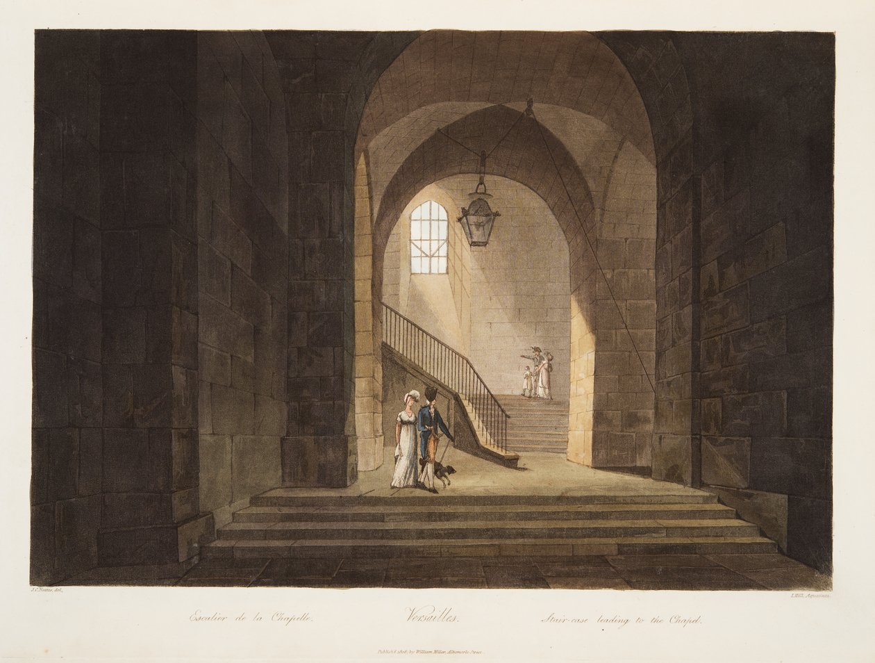 A kápolnához vezető lépcső, illusztráció Versailles-ból, Párizsból és Saint Denis-ből, kocsma. 1806 (akvatinta) alkotó: John Claude Nattes