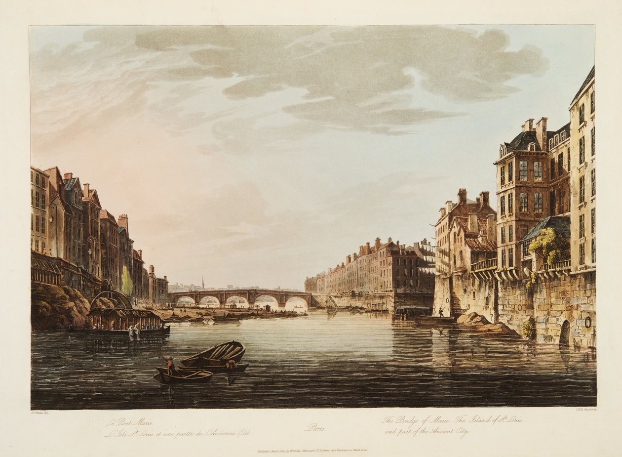 Marie hídja, Szent Lajos szigete és az ókori város egy része, illusztráció Versailles-ból, Párizsból és Saint Denisből, kocsma. 1807 (akvatinta) alkotó: John Claude Nattes