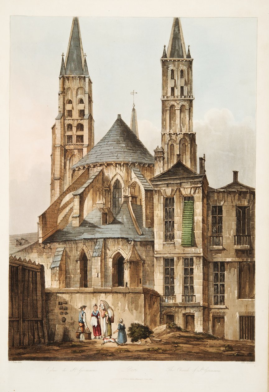 A St Germains-templom, illusztráció Versailles-ból, Párizs és Saint Denis, pub. 1810 (akvatinta) alkotó: John Claude Nattes