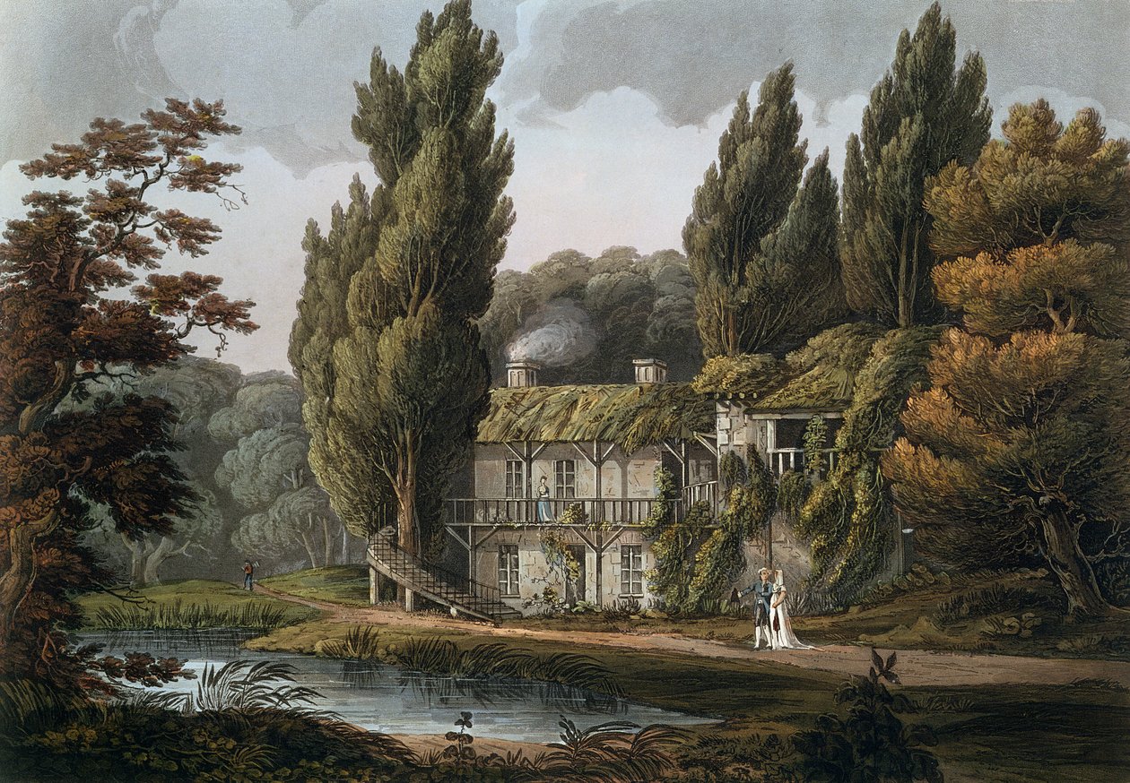 Az étkező a Marie-Antoinette Hameau-ban, illusztráció a „Versailles-ból, Párizsból és Saint Denisből”, 1809-ben Londonban (színes metszet) alkotó: John Claude Nattes