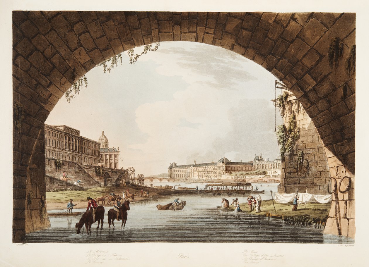 A Louvre; A pénzverde; A 4 Nemzet Kollégiuma; A Reunion hídja, illusztráció Versailles-ból, Párizs és Saint Denis, kocsma. 1805 (akvatinta) alkotó: John Claude Nattes