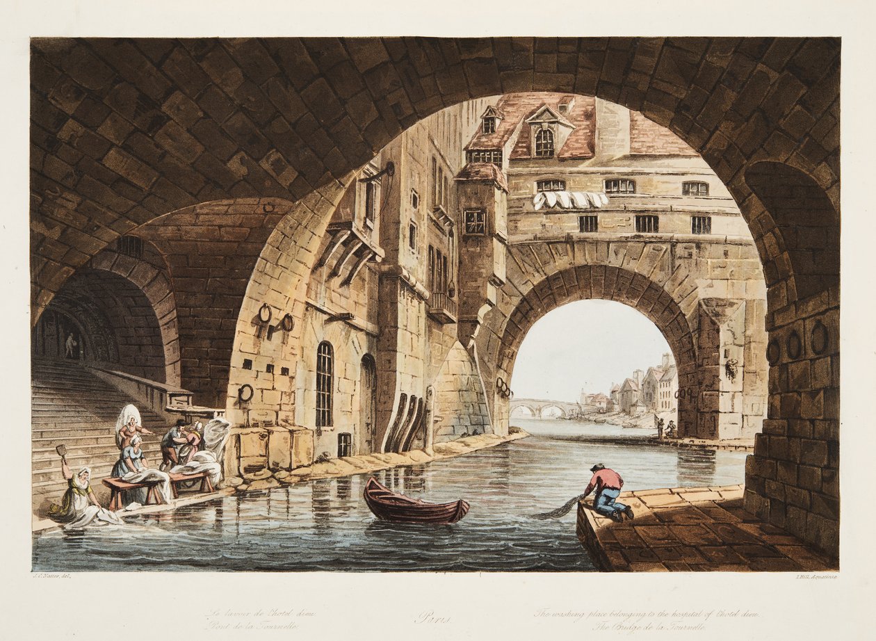 A Hotel-Dieu kórházához tartozó Mosóhely és a Bridge de la Tournelle, illusztráció Versailles-ból, Párizsból és Saint Denis-ből, pub. 1805 (akvatinta) alkotó: John Claude Nattes