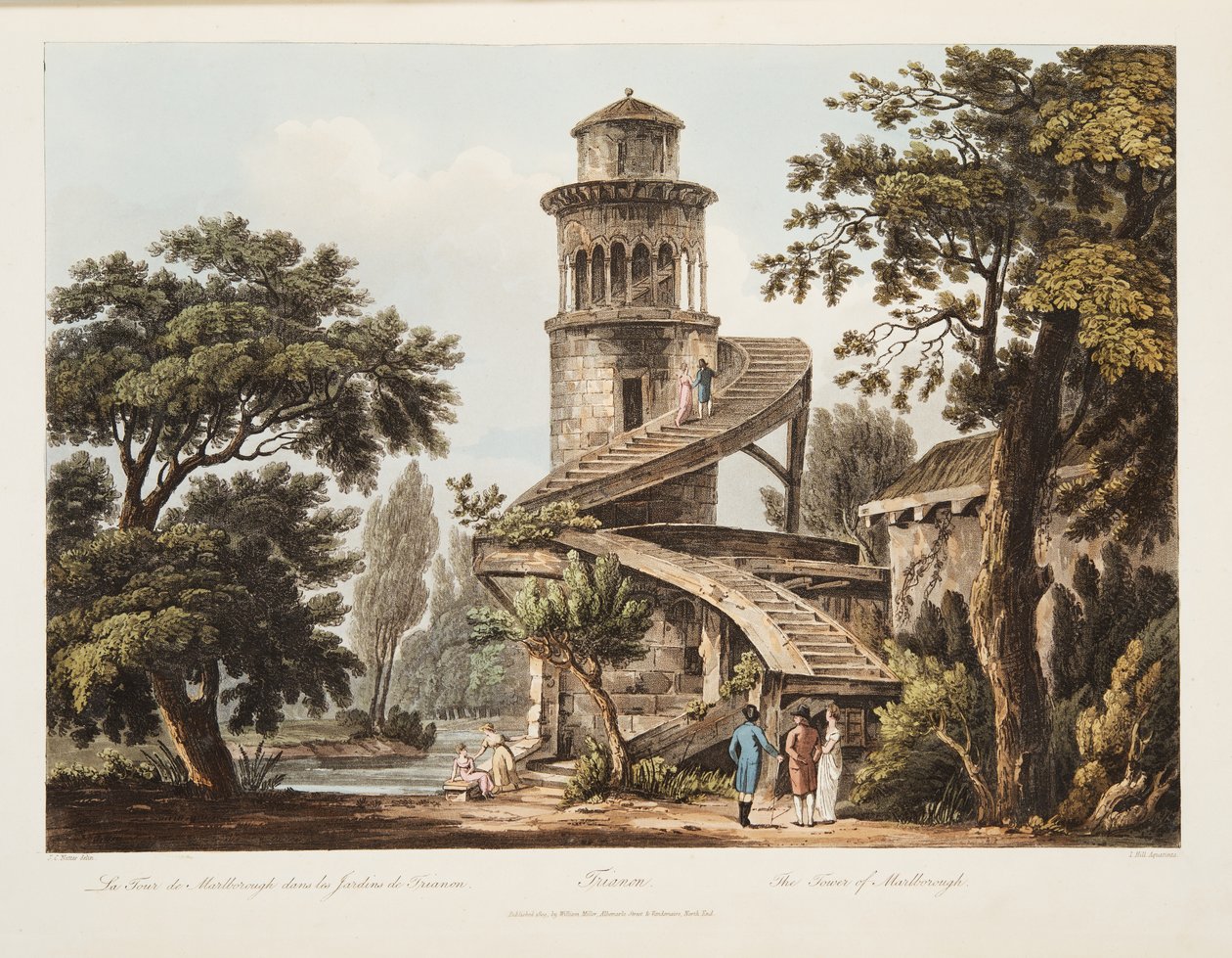Trianon, Marlborough tornya, illusztráció Versailles-ból, Párizs és Saint Denis, kocsma. 1809 (akvatinta) alkotó: John Claude Nattes