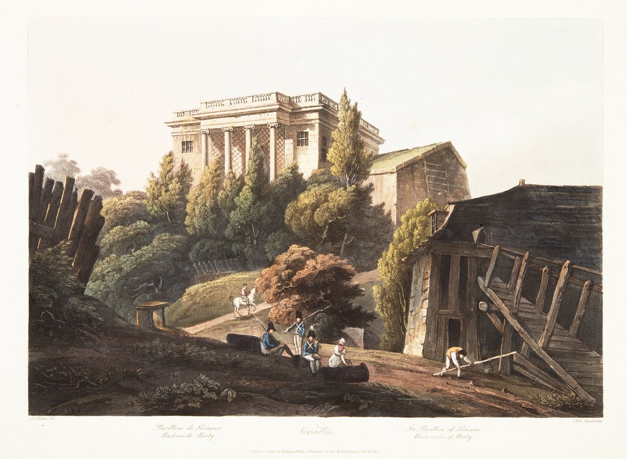 Versailles, Lucienne pavilonja, Marly vízműve, illusztráció Versailles-ból, Párizs és Saint Denis, kocsma. 1806 (akvatinta) alkotó: John Claude Nattes