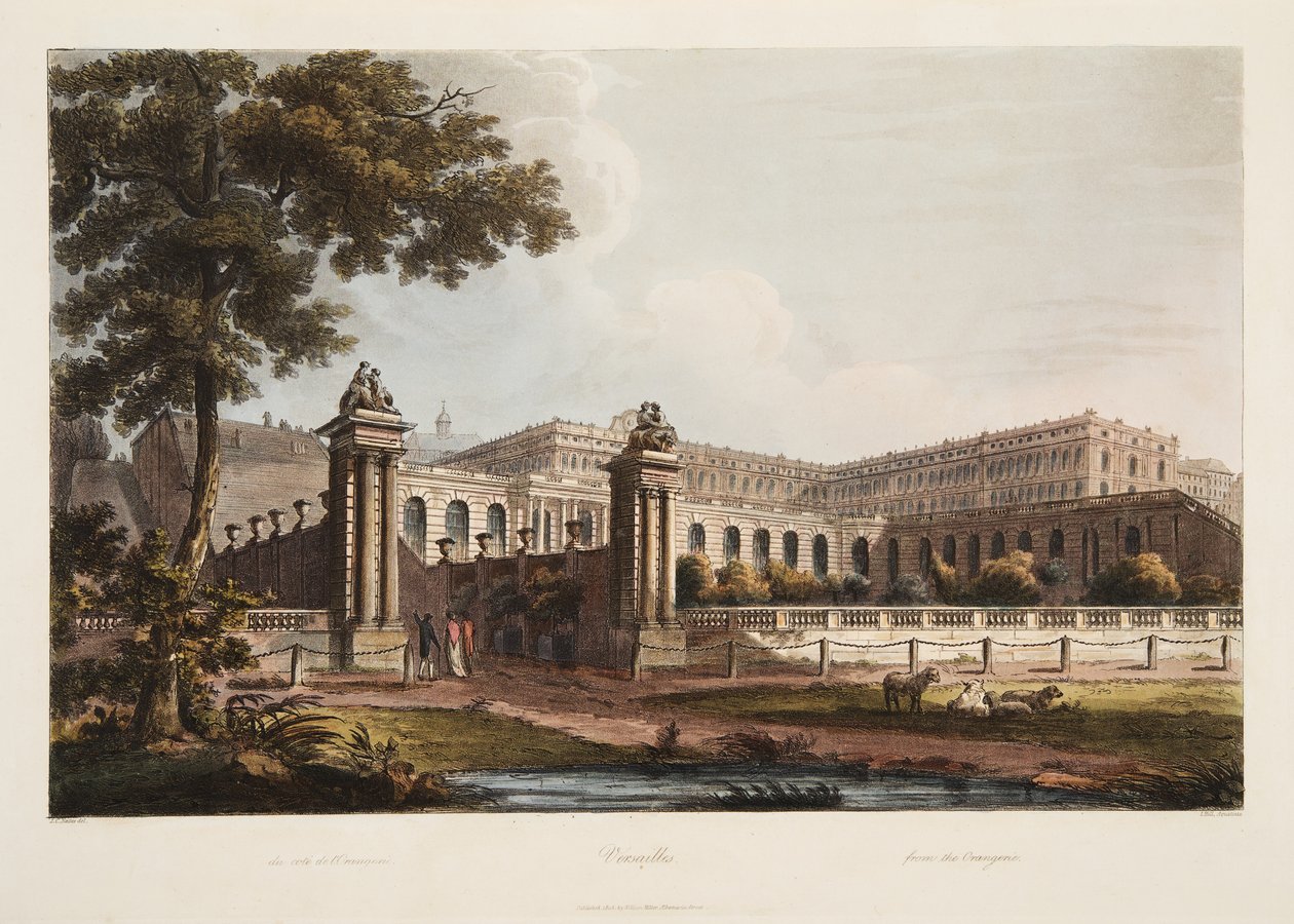 Versailles az Orangerie-ből, illusztráció Versailles-ból, Párizs és Saint Denis, kocsma. 1805 (akvatinta) alkotó: John Claude Nattes