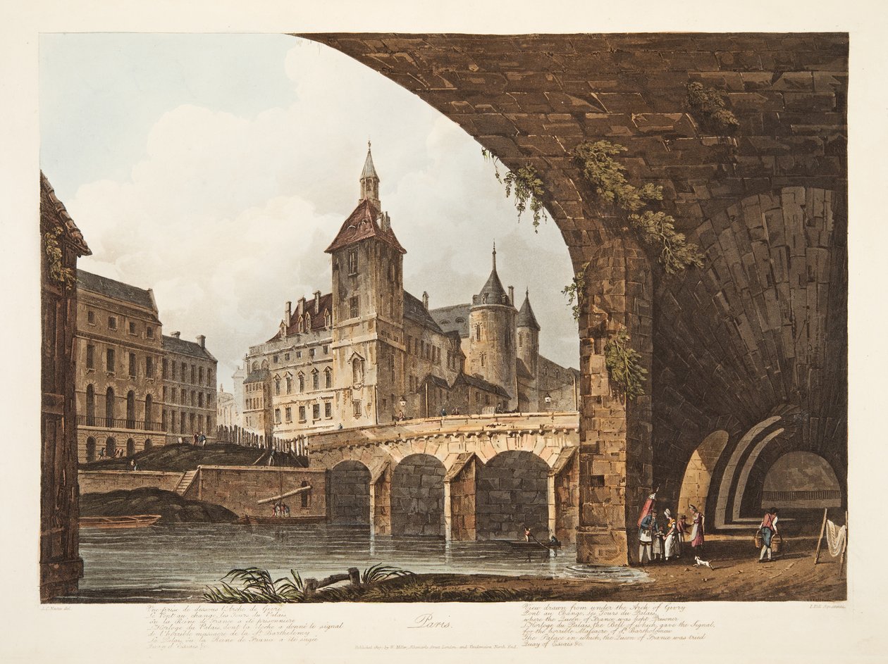 Kilátás a Pont-au-Change-ra, a Tour de lHorloge-ra és a Conciergerie-re, illusztráció Versailles-ból, Párizsból és Saint Denis-ből, pub. 1807 (akvatinta) alkotó: John Claude Nattes