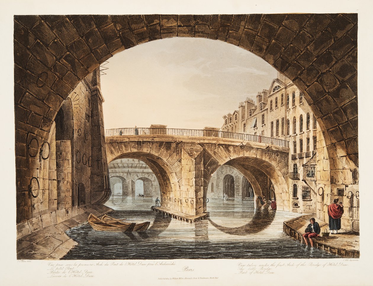 Kilátás a Hotel Dieu híd első íve alól, a Kis Híd, a Hotel Dieu része, illusztráció Versailles-ból, Párizsból és Saint Denis kocsmából. 1809 (akvatinta) alkotó: John Claude Nattes