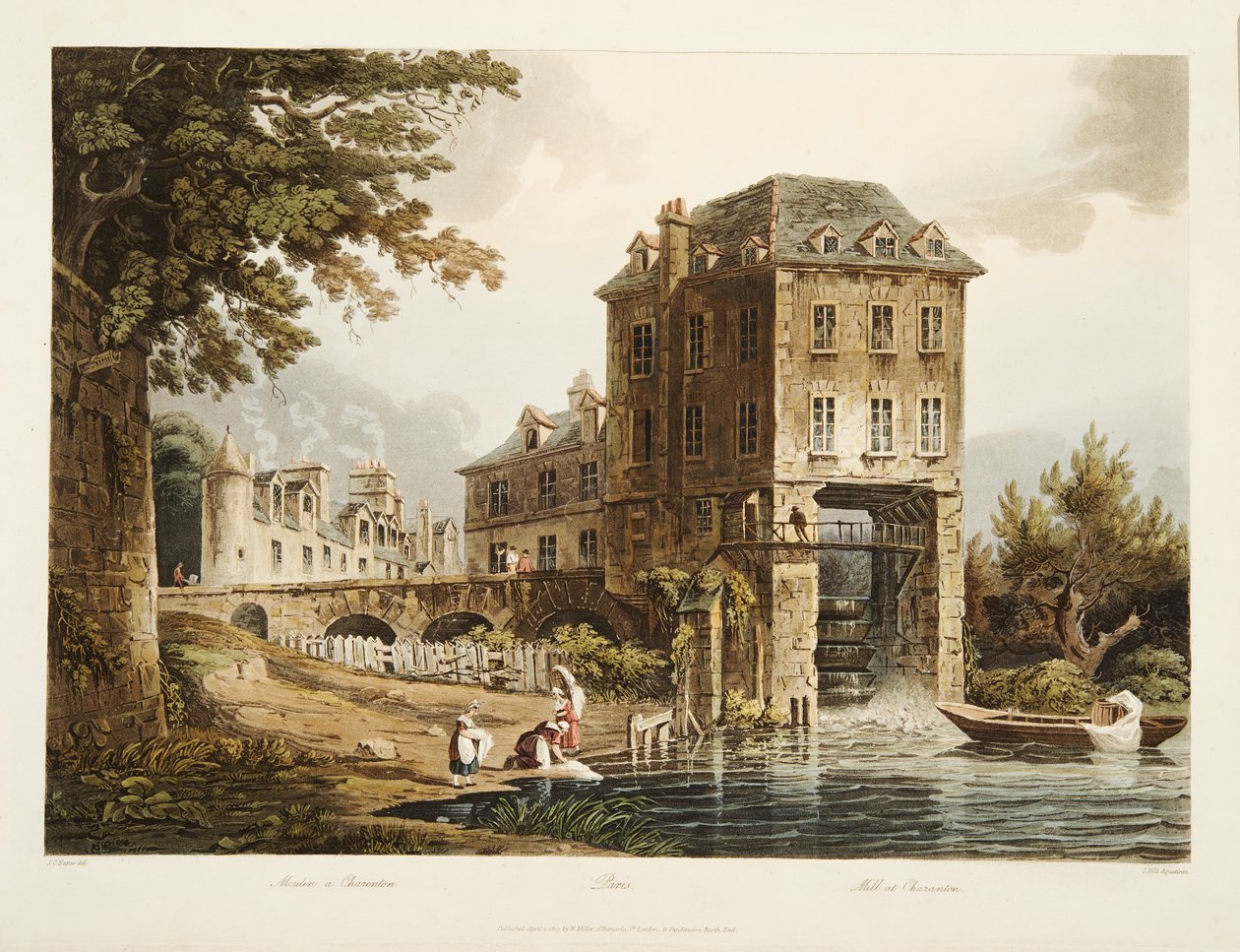 Malom Charentonban, illusztráció Versailles-ból, Párizsból és Saint Denis-ből, pub. 1807 (akvatinta) alkotó: John Claude after Nattes