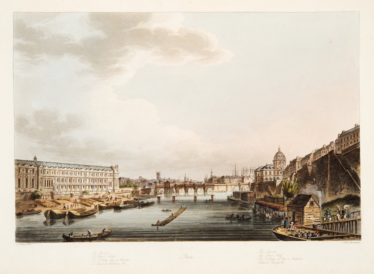 A Louvre; A Pont Neuf; A 4 Nemzet Kollégiuma; Voltaires rakpart, illusztráció Versailles-ból, Párizs és Saint Denis, pub. 1805 (akvatinta) alkotó: John Claude after Nattes