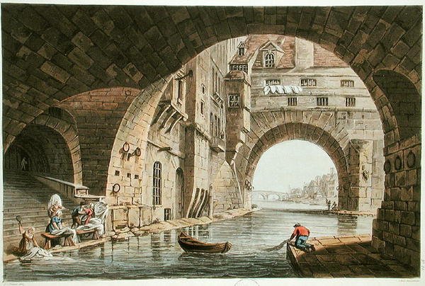 A Hotel-Dieu mosóhelye és a Pont de la Tournelle, metszett I. Hill, 1810 (akvatinta) alkotó: John Claude after Nattes