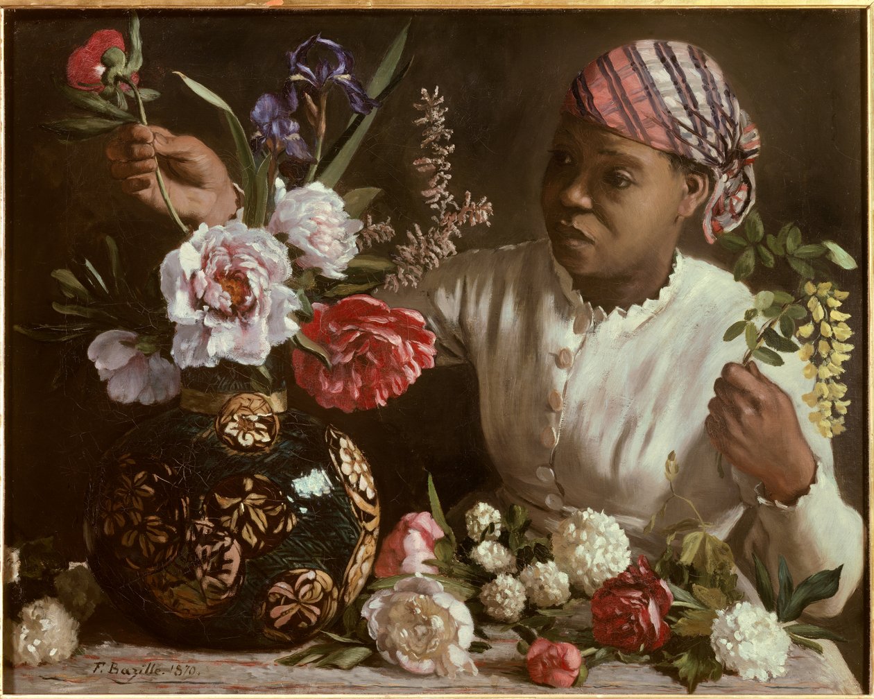 La negresse aux peonines Frederic Bazille (1841-1870) festménye 1870 Dim. 0,6x0,75 m Montpellier, Fabre múzeum - A fekete nő bazsarózsával. Frederic Bazille (1841-1870) festménye alkotó: John Clayton Adams