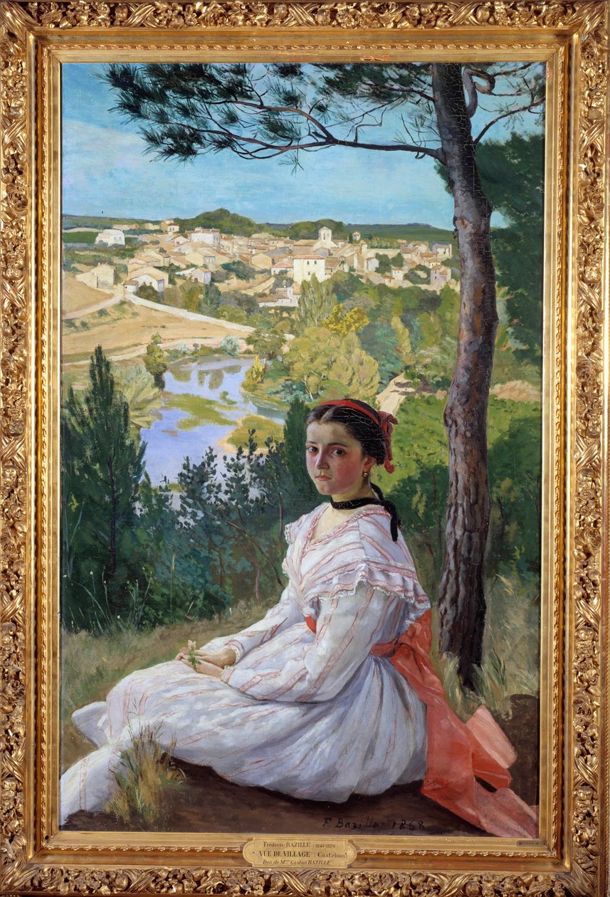 Village view Fiatal lány pózol egy táj Provence. Frederic Bazille (1841-1870) festménye 1868 V. 1,3x0,89 m Montpellier, Musee Fabre alkotó: John Clayton Adams