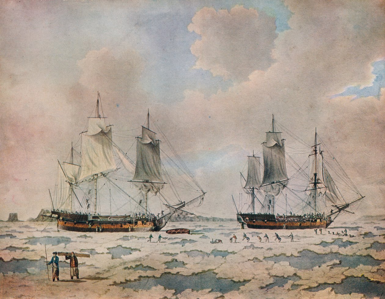 "Lord Mulgrave felfedezőexpedíciójának hajói jégbe ágyazva a sarki régiókban", 1774 alkotó: John Cleveley the Younger