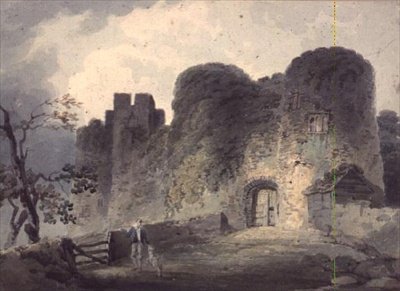 A Carisbrooke-kastély bejárata, egy fiatal és egy bárány a kapu közelében alkotó: John Collins