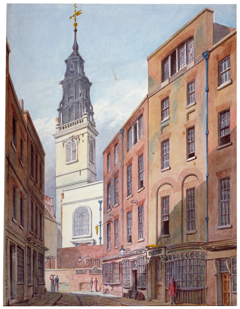 Szent Mihály templom, Crooked Lane és a Crooked Lane egy része, City of London, 1815. alkotó: John Coney